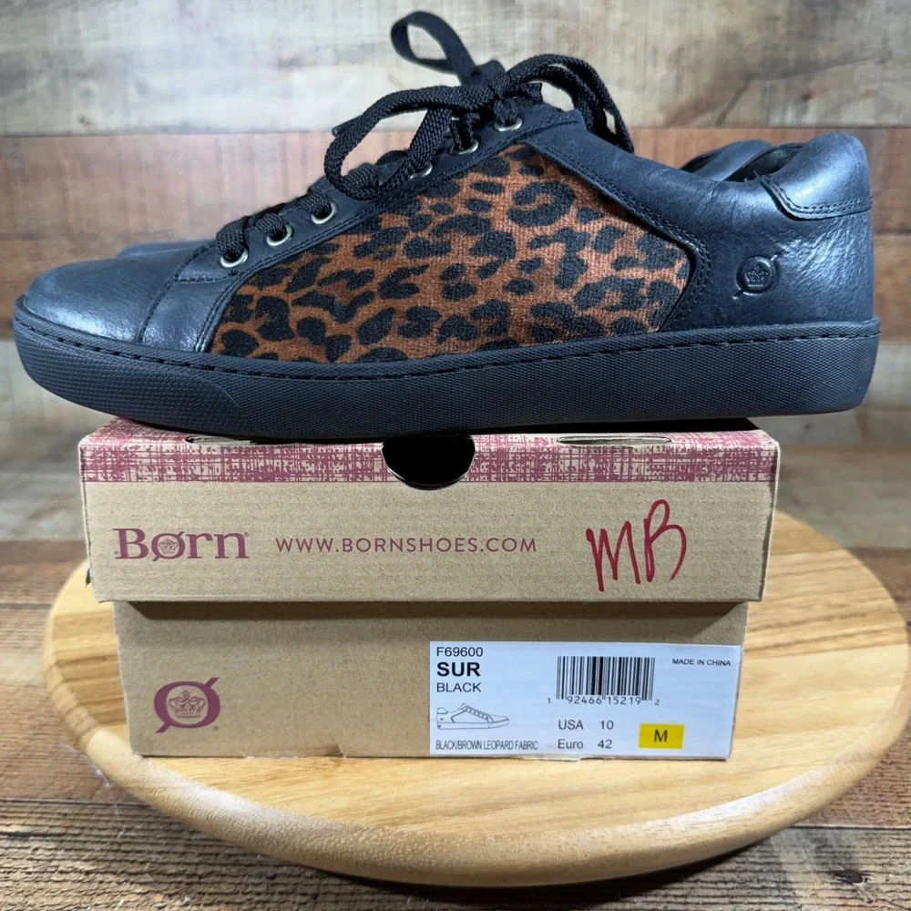 Born Sneakers Womens 10 M Black Leather Leopard Sur F69600 Lace Up Low Top Shoes